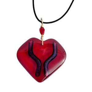 Iridescent Red Glass Heart Shaped  Pendant Medallion Cord Necklace